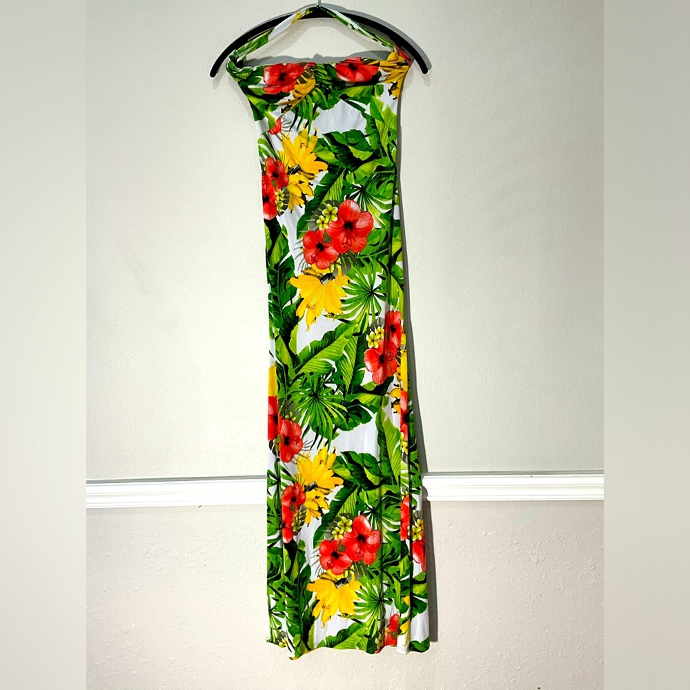 Green yellow multi color floral print long dress.